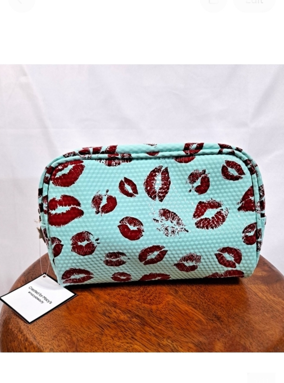 Macy's Red Kisses Zippered Vinyl Makeup Bag NWT